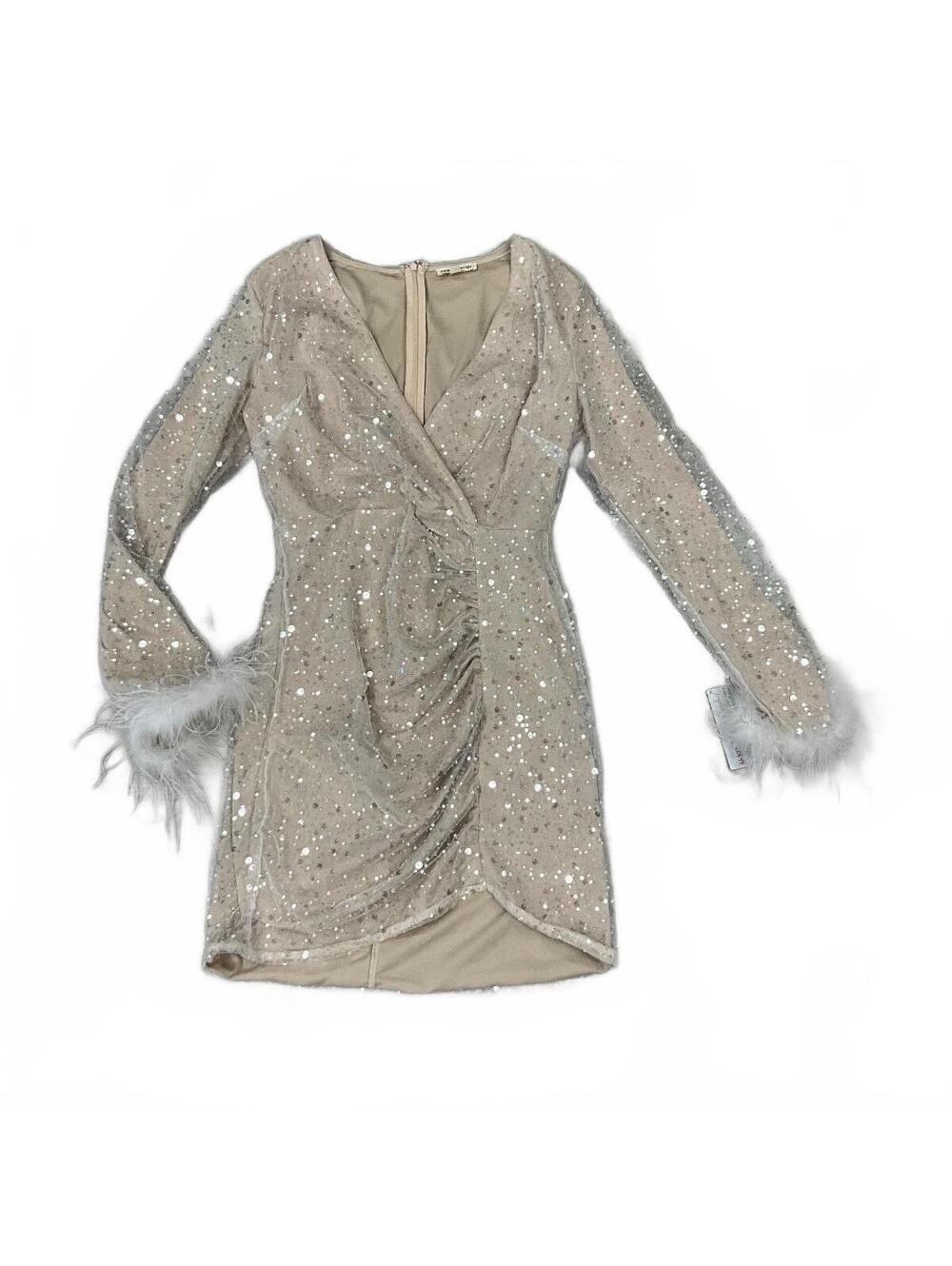 Champagne Sequin Pearl Wrap Front Cocktail Dress Feather Cuffs NWT